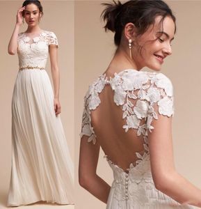 New Arrival Lace Cap Sleeves Sheath Wedding Dresses Empire Waist A Line Summer Beach Boho Floor Length Keyhole Backless Bridal Gowns
