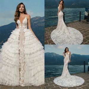 Mistrelli Mermaid Wedding Dresses With Detachable Train Spaghetti Strap Lace Appliqued Tiered Tulle Bridal Dress Sweep Train Bridal Gown