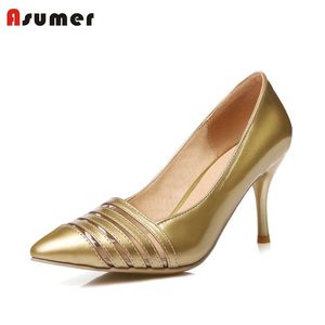 Asumer размер 34-48 Новая горячая распродажа тонкий каблук женские насосы указанные носки вырезанные вырезанные плиты простые моды высокие каблуки женские одежды обувь золото
