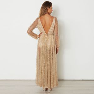 Abito lungo da sera da donna alla moda con abito lungo in oro con strass, maniche lunghe, abbigliamento sexy con scollo a V profondo