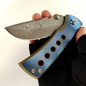 Custom Chaves Redencion 228 Folding Knife Beautiful Damascus Blade Five Hole Anodized Titanium Handles Outdoor Tactical Knives Camping Pocket EDC Hunting Tools