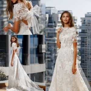 Strand Nya Mode Bröllopsklänningar 2020 Jewel Neck 3D Lace Appliques Brudklänningar Kortärmad Plus Storlek Vestido de Noiva Bröllopsklänning