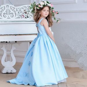 Blue Flower Girl Sukienki na ślub Kopciuszek Dziewczyny Dress Princess Children Party Ball Suknia First Communion Dress