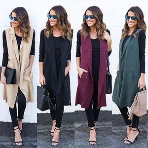 Wholesale-Blazer Sherpa Vest Women Jackets Long Pockets Turn-down Collar Open Stitch Sleeveless Pantone Green Red Beige Black