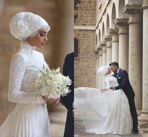 新しいイスラム教徒のアラビアのウェディングドレス2022ハイネック長袖シフォンビンテージデザイナーレースアップリケ結婚式のブライダルガウンvestidos de Novia