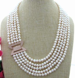 Hand knotted natural 45-55cm 5strands white freshwater pearl micro inlay zircon accessories clasp necklace fashion jewelry
