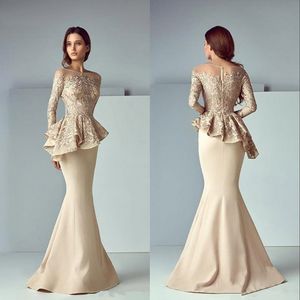 Champagne spets sjöjungfru peplum lång aftonklänning båt nacke långärmad dubai arabisk klänning sexig prom klänningar robe de soiree