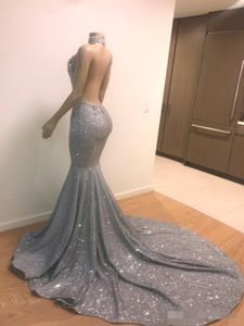 Sparkly Silver Sequins Mermaid Prom Dresses High Neck Sexy Backless Sweep Train Custom Made Appliqued Long Formal Evening Party Go278v