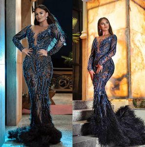 2020 New Arrival Mermaid Evening Dresses Jewel Neck Long Sleeve Feather Lace Formal Dresses Sweep Train Beads Sequins Party Gowns