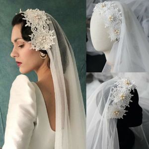 2020 em estoque barato véus nupcial vintage véu de véu lace pérolas curtas nupcial acessórios de casamento marfim branco