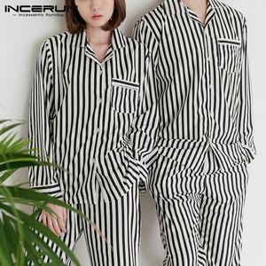 Incerun Moda Listrado Casal Pijamas Define Homens Manga Longa Tops Calças Mens Sleepwear Conjuntos de Nightwear Suits Homewear Plus Size