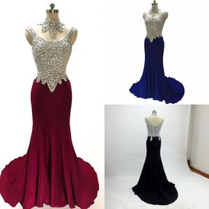 Luxurious Beaded Crystals Prom Evening Dresses Include Necklace Scoop Sexy U Open Back Mermaid Pageant Party Dress Formal Gowns Girls 2020