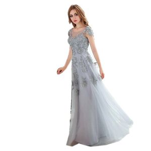 Långa kvällsklänningar 2019 Ny grå spets Broderi Beading Party Gown Bridal Bankett Elegant Slim Prom Dress Plus Storlek 502