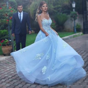 Abiti da sposa azzurro cielo con applicazioni di scollatura trasparente Abiti da sposa Boho stile Cuntrey Abiti da sposa in tulle senza schienale