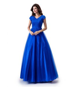 New A-line Royal Blue Long Modest Prom Dress With Cap Sleeves V Neck Lace Top Tulle Skirt Floor Length Teens Modest Party Dress235u