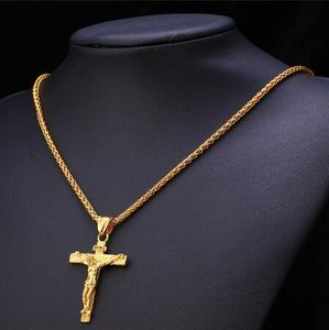 Religious Jesus Gold color Cross Pendent with Chain Necklace Jewelry Gifts for Men GD137