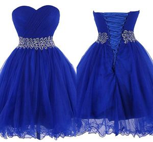 Royal Blue Piping A-Line Graduation Homecoming Klänningar 2020 Strapless Pleated Draped Beaded Sashes Crystal Short Prom Dress Party Vestidos