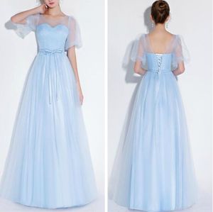 Light Sky Blue 1/2 Sleeves Long Formal Dresses Jewel Soft Tulle Summer Bridesmaid Formal Prom Party Dresses with Ruffles Lace-up Back
