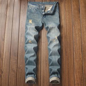 Men Casual jeans denim Vintage Classical Ripped jeans Button Pencil pants Elastic Vintage Mid Waist high quality