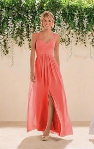 Chiffon Coral Country A line Long Bridesmaids Dresses Spaghetti Straps Backless Crystals Beaded Prom Gowns Custom Made HH291