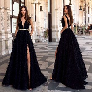 Oksana Mukha Prom Deep V Neck Side Split Lace Tassel Formal Evening Gowns Ruffles Floor Length A Line Special Ocn Dresses