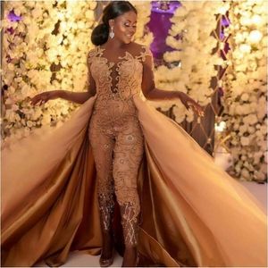 2019 Classic Jumpsuits Prom Dresses With Detachable Train Lace Appliqued Long Sleeves Evening Gowns Luxury African Party Women's Pant Suits