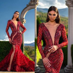 Red Mermaid Evening Dresses V Neck Beaded Sequins Feather Long Sleeves Lumbar Prom Dress Ruffle High Split Sweep Train Formal Part336z