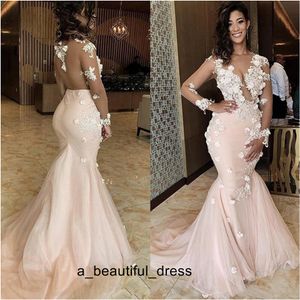 Illusion Mermaid Prom Dresses Sheer Neck Pizzo 3D Appliques Maniche lunghe in rilievo Sweep Train Backless Evening Party Wear Abiti da spettacolo ED1131