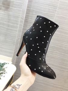 Hot Sale-Pearls Stiletto heel Single Boots T Show Fashion Classic Short Cowhide Boots