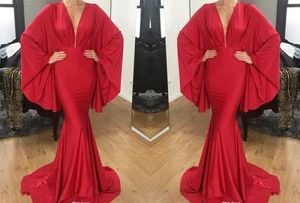 Arabic Dubai Style Red Evening Dresses 2019 Plunging V Neck Long Sleeves Women Occasion Party Celebrity Gowns Formal Plus Size Prom Dresses