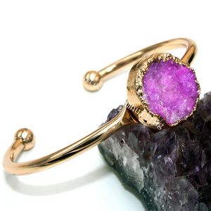 10pcs Gold Plated Mixed Random Color Round Shape Natural Dyed Druzy Quartz Stone Bangle Bracelet Raw Agate Geode Drusy Crystal Cuff Bangle