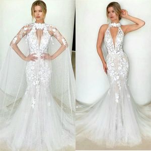 Halter Mermaid Bröllopsklänningar med avtagbar Wrap Ärmlös Appliqued Lace Bridal Gown Sweep Train Custom Made Vestidos de Novia