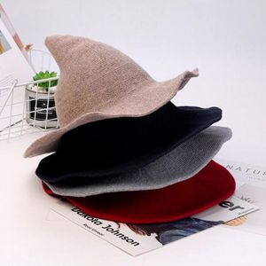 Witch Hat Foldable Costume Sharp Large Brim Solid Color Crochet Warm Winter Cap Bucket Women New Gorro Pescador