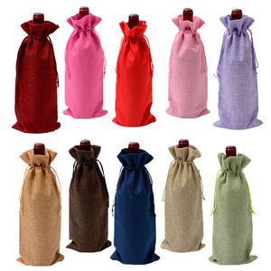 Weihnachtsdekoration Kordelzug Weinflaschenbezug Leinen Sackleinen Flaschen Fall Geschenktüten Hochzeit Gastgeschenke Sack Geschenke HH7-1564