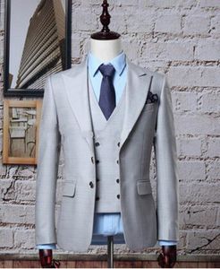 ライトグレー新郎Tuxedosピークラペルスリムフィットグルームマンの結婚式3ピーススーツ人気のある男性ビジネスジャケットブレザー（ジャケット+パンツ+ネクタイ+ベスト）2661