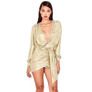 Kvinnor Sexiga Party Klänningar över Knä Gilding Deep V Neck Långärmad Drape Bodycon Mini Dress för kvällsfest Natt Bar