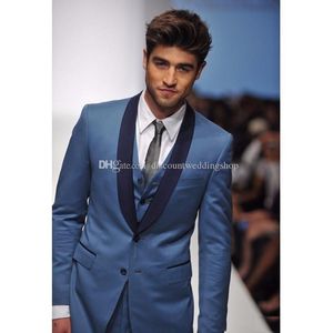 Fashionable Two Buttons Blue Groom Tuxedos Shawl Lapel Men Wedding Prom Dress Party Clothes Suits (Jacket+Pants+Vest+Tie) K189