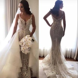 Luxury Arabic Beading Appliques Mermaid Wedding Dresses Spaghetti Straps Illusion Lace Wedding Bridal Gowns with Detachable Skirt