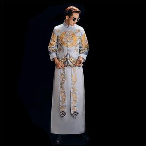 Costume clássico Noivo chinês estilo longo Robe Palco Toast Roupas Masculino antigos mostram Light Blue Robe casamento real