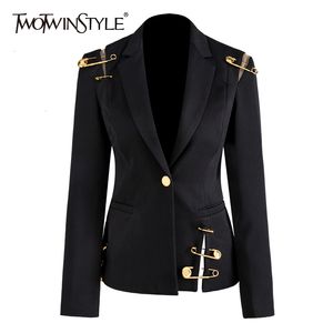 TWOTWINSTYLE Hollow Out Patchwork Lace Up Women's Blazer Notched Long Sleeve Slim Elegant Female Suit 2019 Autumn Fashion New CJ191209
