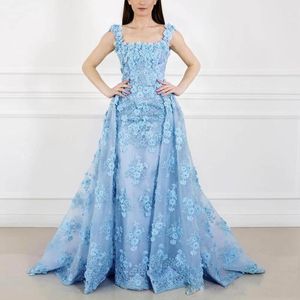 Ljus himmel blå pärlor sjöjungfrun kvällsklänningar med avtagbart tåg 3d blommig appliqued overkirt snöre kändis prom klänning robe de soiree