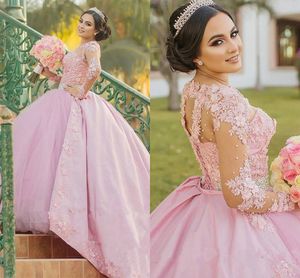 Pink Ball Gown Prom Quinceanera Dresses Mexico 2020 Pearls Embroidery Beaded Illusion Long Sleeve Tiered Skirt Sweet 16 Dress Vestidos De
