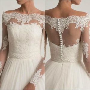 Vintage 2019 Ślubne Kurtki Koronkowe Aplikacje Bridal Boleros Wrap Top Off The Ramię Długi rękaw Dostosowany Plus Size Bridal Kurtka