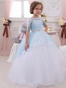 Elegant Flower Girl Dresses Pageant Lace Applique Beaded belt Gowns Lace Tulle Girl Half Sleeve Party Birthday Dresses