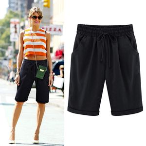 Verão Shorts Casual calças soltas Shorts comprimento do joelho em linha reta com o Pocket Trouses curto Mulheres Plus Size