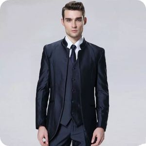 Navy Blue Groom Tuxedos мандарин отворотом Groomsmen Mens Свадебное платье Отлично Человек куртка Blazer 3 шт Костюм (куртка + брюки + жилет + галстук) 185