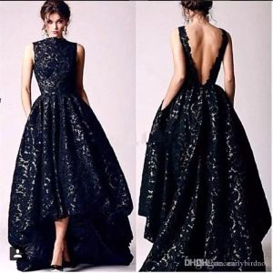 2017 New Arabic High Low Black Lace Prom Party Dresses Vintage High Neck Sexy Backless Formal Occasion Evening Gowns