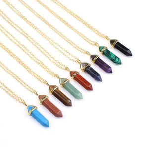 Gold Hexagonal Pointed Reiki Natural Stones Turquoise Pink Quartz Pillar Charms Pendant Necklace for Women Men Gift Accessories