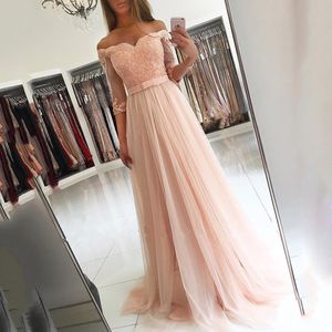 Sexig Long Prom Klänningar Sweetheart Aline Off The Shoulder Half Sleeves Evening Dresses With Belt Corset Party Gowns Mezuniyet Elbiseleri