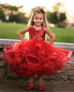 짧은 어두운 붉은 꽃 소녀 드레스 결혼식 홀터 스팽글 레이스 스팽글 계층화 된 주름 생일 소녀 친교 대회 가운